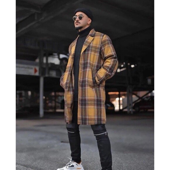 NEW Fashion Nova Mens Medium Mustard Yellow Plaid Pocket Button Jacket Overcoat - Picture 1 of 16